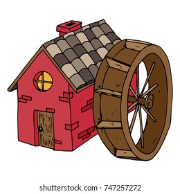 Water Mill icon. Vector illustration house with a tiled roof. Hand drawn house with wooden door and the round window. 