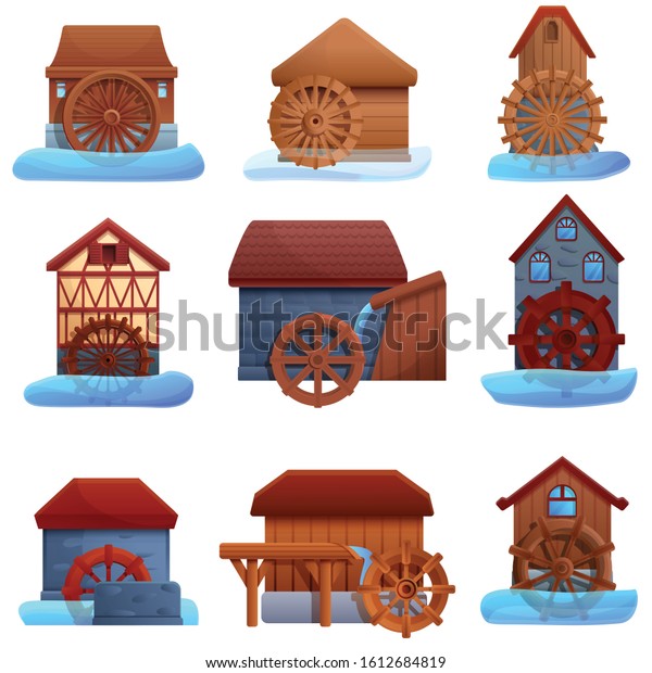 Water mill icons set. Cartoon set of water mill\
vector icons for web\
design