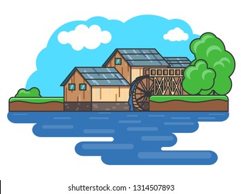 Water Mill Illustration. Watermill In Summer