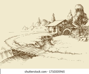 Water mill landscape, small river and wooden bridge hand drawn artistic illustration