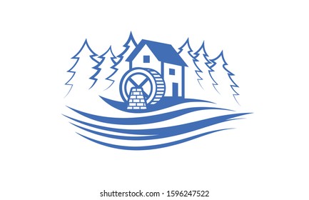 Water mill near the river and forest. Vector Blue Minimalistic Flat Illustration with a water mill.