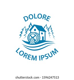Water mill near the river logo. and forest. Vector Minimalistic Flat icon with Watermill near the river and forest.