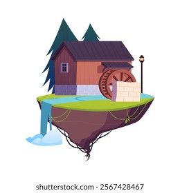 Water mill on the floating land island flat vector icon. Vintage stone and wooden house with wheel to grind flour using hydropower of river stream. Cartoon game countryside on level platform isolated