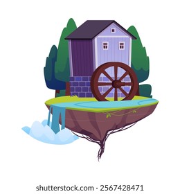 Water mill on the floating land island flat vector icon. Vintage house with wheel to grind flour using hydropower of river stream. Cartoon game fantasy countryside on level platform isolated