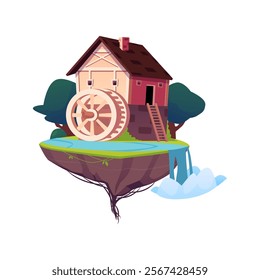 Water mill on a flying platform, vector illustration for game design. Floating island with house on high foundation, water cart near river and green trees. Island game. Isolated background.