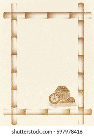Water mill on grunge background. Bamboo frame. vector. Template, poster, ticket, picture, menu design. Asian style. EPS 10