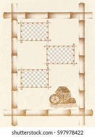 Water mill on grunge background. Bamboo frame. vector. Template, poster, ticket, picture, menu design. Asian style. mock up