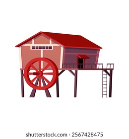 Water mill on piles flat vector icon. Vintage wooden house with wheel to grind flour using hydropower of river stream. Countryside red building isolated. Farm industry for agricultural production