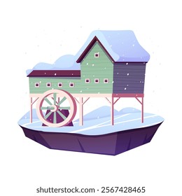 Water mill on piles on the floating land island in winter season flat vector icon. Vintage wooden house with wheel and snowdrifts. Game fantasy countryside on level platform in snowfall