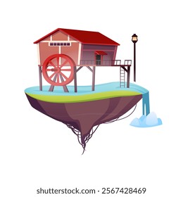 Water mill on piles on the floating land island flat vector icon. Vintage house with wheel to grind flour using hydropower of river stream. Cartoon game fantasy countryside on level platform isolated