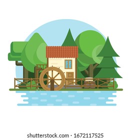 Molino de agua en el paisaje del río con bosque en el fondo. Ilustración vectorial plana.