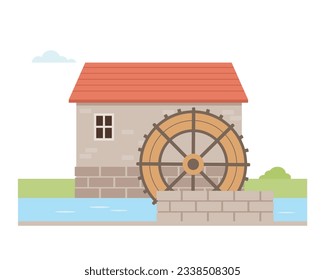 Water mill on river. Traditional building for grinding wheat grains to flour. Vector illustration.