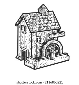 Water mill sketch engraving vector illustration. T-shirt apparel print design. Scratch board imitation. Black and white hand drawn image.