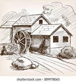 Water mill sketch style vector illustration. Old engraving imitation. Water mill hand drawn sketch imitation