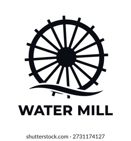 Logo de la rueda del molino de agua con elemento de diseño de onda e icono de texto