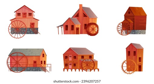 Water mills set vector illustration. Cartoon isolated Dutch vintage houses with waterwheel, old constructions to grind grain into flour for bakery using energy of falling river water, wooden buildings