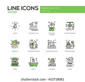 Water - modern vector line design icons and pictograms set. Drop, water cycle, potable, drinking, source, rainfall, swimming pool, fire fighting, well, bath voyage crop