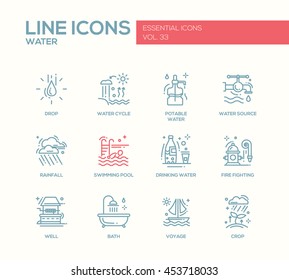 Water - modern vector simple line design icons and pictograms set. Drop, water cycle, potable, drinking, source, rainfall, swimming pool, fire fighting, well, bath voyage crop