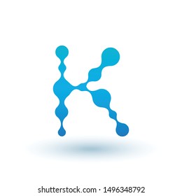Water molecular initial Letter K Logo design, Fluid liquid Design Element with Dots and shadow. Stock vector illustration isolated on white background.
