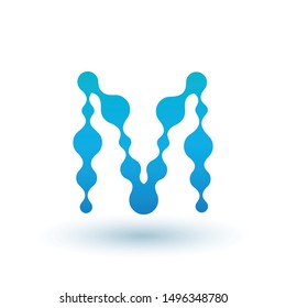 Water molecular initial Letter M Logo design, Fluid liquid Design Element with Dots and shadow. Stock vector illustration isolated on white background.