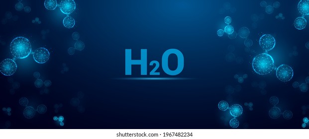 Water molecule  abstract background. Wireframe low poly style.  Science, biotechnology, chemistry,  medical concept. Isolated on dark blue background. Vector illustration.