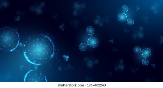 Water molecule  abstract background. Wireframe low poly style.  Science, biotechnology, chemistry,  medical concept. Isolated on dark blue background. Vector illustration.