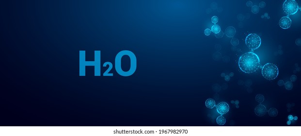 Water molecule  abstract background. Wireframe low poly style.  Science, biotechnology, chemistry,  medical concept. Isolated on dark blue background. Vector illustration.