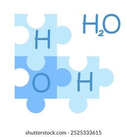Una molécula de agua que consta de dos átomos de hidrógeno y un átomo de oxígeno en forma de rompecabezas. Ciencia. Ilustración vectorial química sobre un fondo blanco.