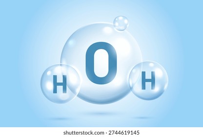 Water molecule H2O in transparent bubble structure on blue background, representing hydrogen and oxygen atoms. Vector illustration.
