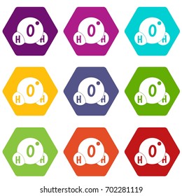 Water molecule icon set many color hexahedron isolated on white vector illustration