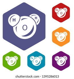 Water molecule icons vector colorful hexahedron set collection isolated on white