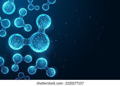 Water molecules science banner with copy space to add text in futuristic glowing low polygonal style on blue background. Hydro technology, research concept. Modern abstract design vector illustration.