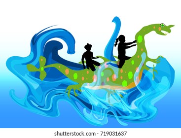 Water monster carrying children on the spine. Cute water dragon with boy and girl in the waves