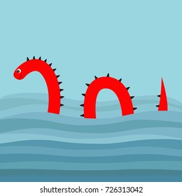 Water monster with thorns, eye, tail Swimming floating Sea ocean wave. Snake shape. Loch Ness Nessy fictional creature. Cute cartoon character. Baby collection. Flat design. Blue background. Vector