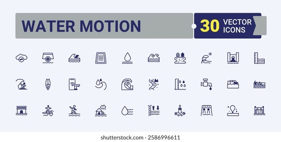 Water Motion icon collection. It contains symbols to hand, nature, h2o, sea, bottle, drink and more. Set of line pictogram. Solid line editable stroke. Vector line and solid icons.
