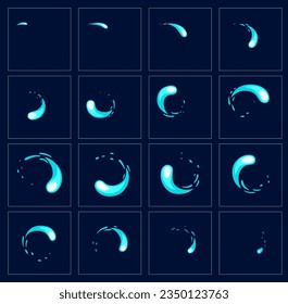 Water motion sprite sheet of animated swirl, vector cartoon animation of liquid effect for game. Water splash motion frame of 2D FX sprite sheet of drop whirl or wave circle twirl and round rotating