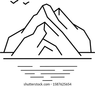 Water and mountains. Vector outline icon.
