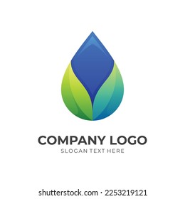 water nature logo vector, water and leaf combination logo with 3d colorful style 
