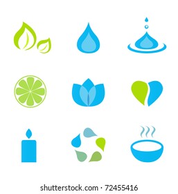 Water, nature and wellness icons - green and blue. Vector