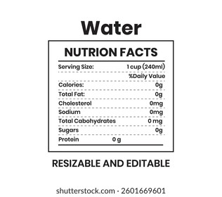 Water Nutrition facts, illustration, nutrition, food product, natural, nutrition facts