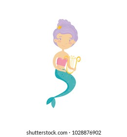 Water nymph with golden harp in hands. Beautiful mermaid with purple hair and turquoise tail. Underwater marine life. Flat vector design for t-shirt print or kids book