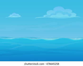 Water ocean sea landscape with sky and clouds. Vector game style illustration. Background for games