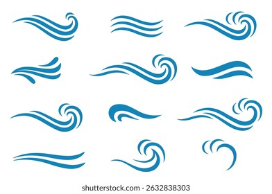 Water ocean sea wave blue set hand drawn icons, design elements, emblems and sign