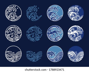 Water and ocean wave line art logo vector illustration. Oriental style Japanese pattern graphic design.