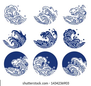 Water and ocean wave line logo illustration. Blue print and indigo color. - Vector.