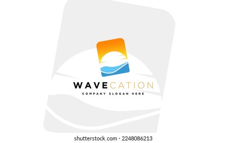 Water ocean waves with sun logo design, palm tree and beach, for restaurant and hotel.
