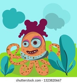 The water octopus is orange in the garden, with a blue nuda background