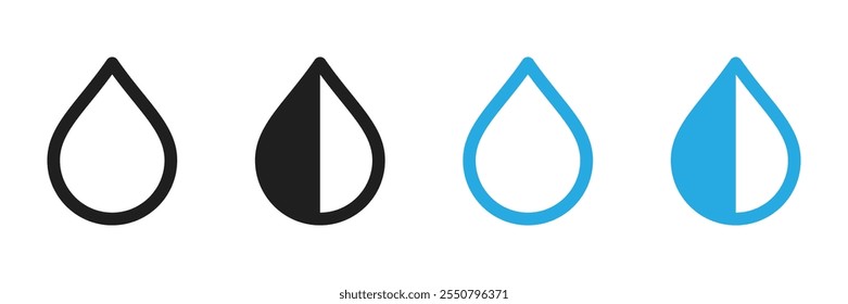 Water or oil black and blue isolated outlined and half filled illustration set for UI. Vector icons in flat style