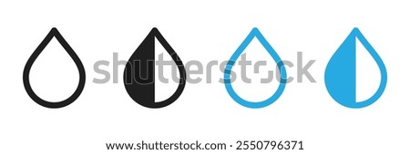 Water or oil black and blue isolated outlined and half filled illustration set for UI. Vector icons in flat style