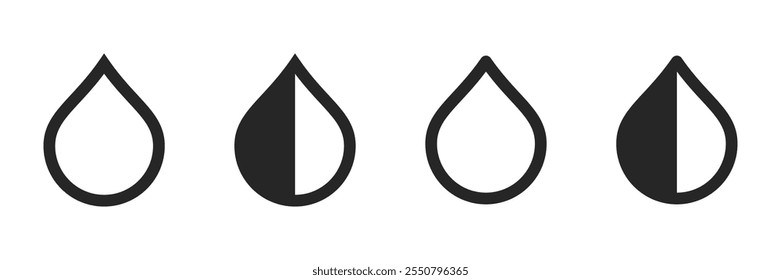 Water or oil black isolated outlined and half filled illustration set for UI. Vector icons in flat style